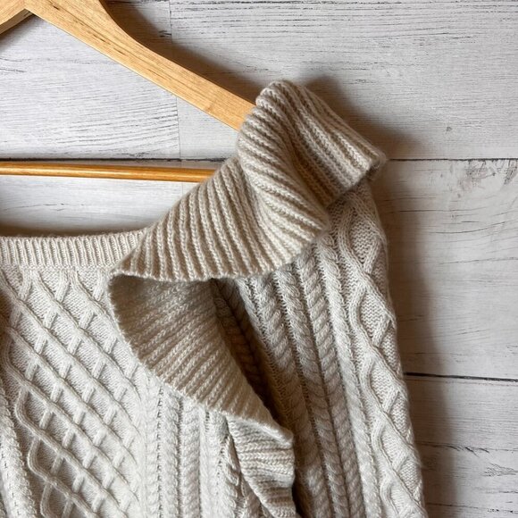 H&M Sweater Womens Size Medium Oatmeal Flounced Cable Knit Ruffle Crop Fall Wear - Picture 15 of 16